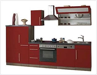 KÃŒchenzeile Cucina mit E-GerÃ€te - 300 cm, Nussbaum Nachbildung, rot