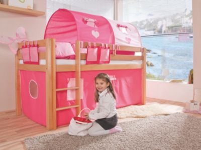 Hochbett Lilly natur inkl. Stoffset, Pink-Rosa