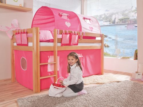 Hochbett Lilly natur inkl. Stoffset, Pink-Rosa
