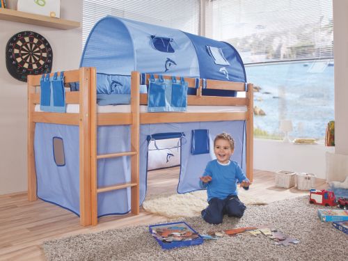 Hochbett Andre natur inkl. Stoffset, Delphin blau
