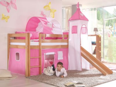 Hochbett Lilly natur mit Stoffset und Rutsche, Herz Rosa Preisvergleich