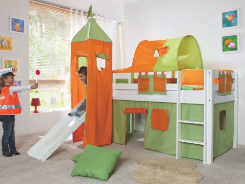 Hochbett Andre weiss mit Stoffset und Rutsche, Gr&uuml;n-Orange