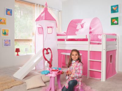 Hochbett Lilly weiss mit Stoffset und Rutsche, Herz Pink Preisvergleich