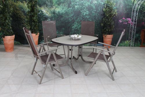 Tischgruppe Delphi champ./mocca - 4 Klappsessel, 1 Gartentisch