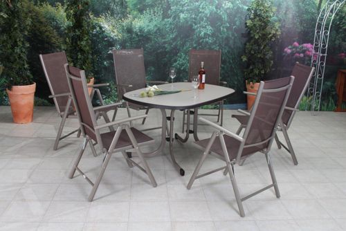 Tischgruppe Delphi champ./mocca - 6 Klappsessel, 1 Gartentisch