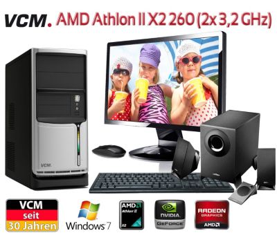 ErfÃŒllen Sie sich den Traum von Ihrem ganz persönlichen Wunsch-PC, welcher bereits komplett vorinstalliert geliefert wird. Die Marke VCM assembliert alle PC-Systeme an einem Arbeitsplatz in Deutschland. Highlights: - AMD Athlon II X2 260 (2x 3,2 GHz) - SpeichergröÃe und Grafikkarte wÀhlbar - Schneller DVD-Brenner - Ausreichend USB-AnschlÃŒsse, Cardreader etc. - PC-System bereits komplett vorinstalliert - Assemblierung in Deutschland Wer wie VCM die Welt immer wieder mit neuen Augen sieht, VCM PC-Set (PC+TFT) Â