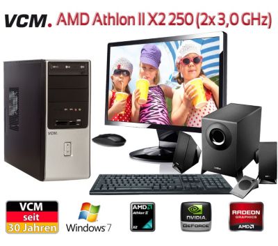 ErfÃŒllen Sie sich den Traum von Ihrem ganz persönlichen Wunsch-PC, welcher bereits komplett vorinstalliert geliefert wird. Die Marke VCM assembliert alle PC-Systeme an einem Arbeitsplatz in Deutschland. Highlights: - AMD Athlon II X2 250 (2x 3,0 GHz) - SpeichergröÃe und Grafikkarte wÀhlbar - Schneller DVD-Brenner - Ausreichend USB-AnschlÃŒsse, Cardreader etc. - PC-System bereits komplett vorinstalliert - Assemblierung in Deutschland Wer wie VCM die Welt immer wieder mit neuen Augen sieht, k VCM PC-Set (PC+TFT) Â