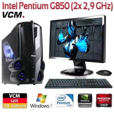 ErfÃŒllen Sie sich den Traum von Ihrem ganz persönlichen Wunsch-PC, welcher bereits komplett vorinstalliert geliefert wird. Die Marke VCM assembliert alle PC-Systeme an einem Arbeitsplatz in Deutschland. Highlights: - Intel Pentium G850 (2x 2,9 GHz, 3 MB Cache) - SpeichergröÃe und Grafikkarte wÀhlbar - Schneller DVD-Brenner - Ausreichend USB-AnschlÃŒsse, Cardreader etc. - PC-System bereits komplett vorinstalliert - Assemblierung in Deutschland Wer wie VCM die Welt immer wieder mit neuen Auge VCM Gaming-PC-Set (PC+TFT) Â