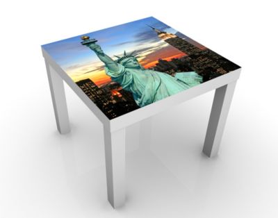 Design Tisch New York At Night 55x45x55cm Beistelltisch, Couchtisch, Motiv-Tisch, Wohnzimmer, Big Apple, Nacht, Freiheitsstatue, Sonnenuntergang, USA