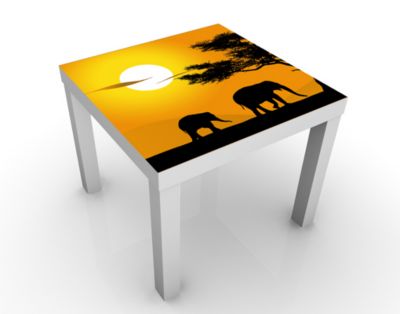 Design Tisch African Elefant Walk 55x45x55cm Beistelltisch, Couchtisch, Motiv-Tisch, Wohnzimmer, Wildnis, Tiere, Sonnenuntergang, Elefanten, Afrika
