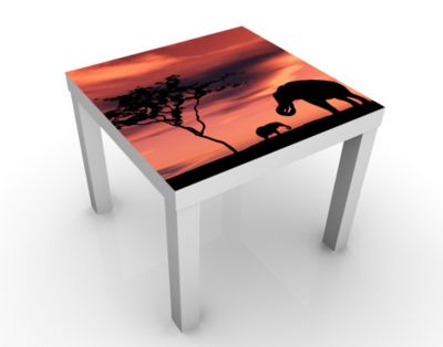 Design Tisch African Elefant Family 55x45x55cm Beistelltisch, Couchtisch, Motiv-Tisch, Wohnzimmer, Afrika, Elefant, Savanne, Sonnenuntergang, Silhouet