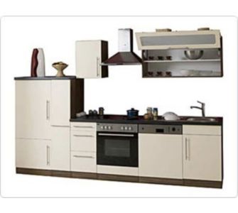 Mebasa K&uuml;chenzeile Cucina mit E-Ger&auml;te - 300 cm, Nussbaum Nachbildung, vanille