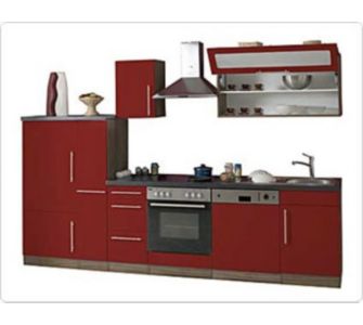 Mebasa K&uuml;chenzeile Cucina mit E-Ger&auml;te - 300 cm, Nussbaum Nachbildung, rot