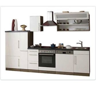Mebasa K&uuml;chenzeile Cucina mit E-Ger&auml;te - 300 cm, Nussbaum Nachbildung, wei&szlig;