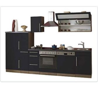 Mebasa K&uuml;chenzeile Cucina mit E-Ger&auml;te - 300 cm, Nussbaum Nachbildung, schwarz