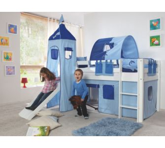 Hochbett Andre weiss mit Stoffset und Rutsche, Delphin Blau