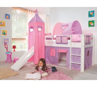 Hochbett Lilly weiss mit Stoffset und Rutsche, Herz Lila