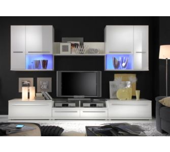 afurniture Wohnwand Marin 955 wei&szlig; mit TV-Glasboden und Beleuchtung